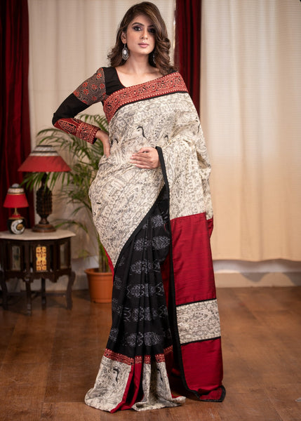 MADHUBANI PRINTED COTTON SAREE WITH IKAT PLEATS