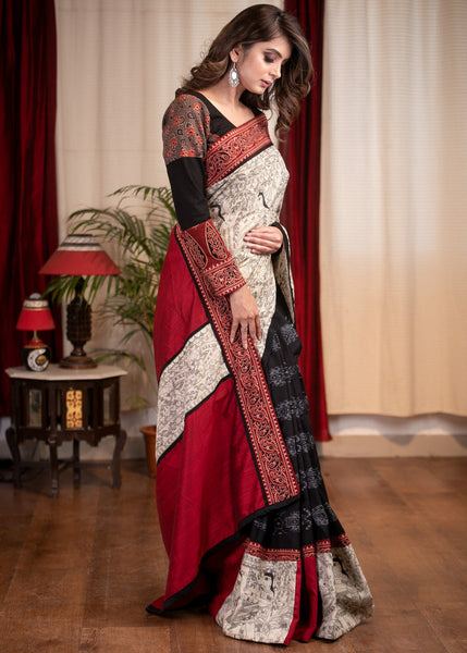 MADHUBANI PRINTED COTTON SAREE WITH IKAT PLEATS