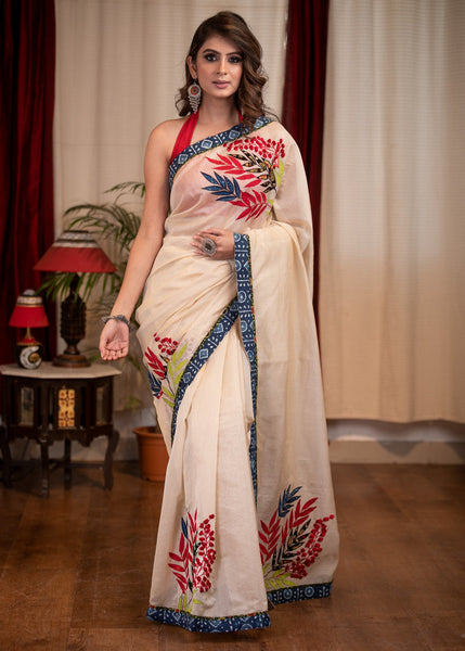 CHANDERI SAREE WITH EXQUISITE FLORAL APPLIC WORK & INDIGO BORDER