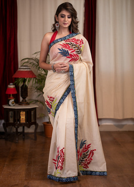 CHANDERI SAREE WITH EXQUISITE FLORAL APPLIC WORK & INDIGO BORDER