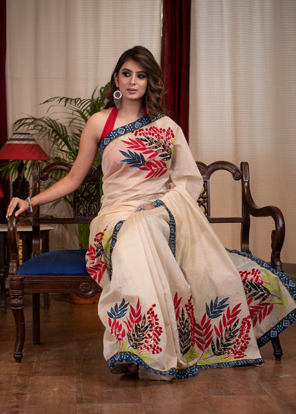 CHANDERI SAREE WITH EXQUISITE FLORAL APPLIC WORK & INDIGO BORDER