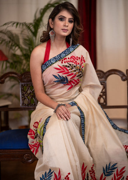 CHANDERI SAREE WITH EXQUISITE FLORAL APPLIC WORK & INDIGO BORDER