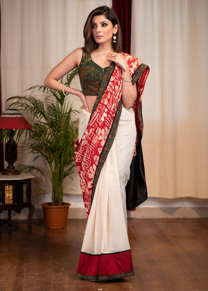 SILK BATIK & BEIGE CHANDERI COMBINATION SAREE WITH AJRAKH BORDER