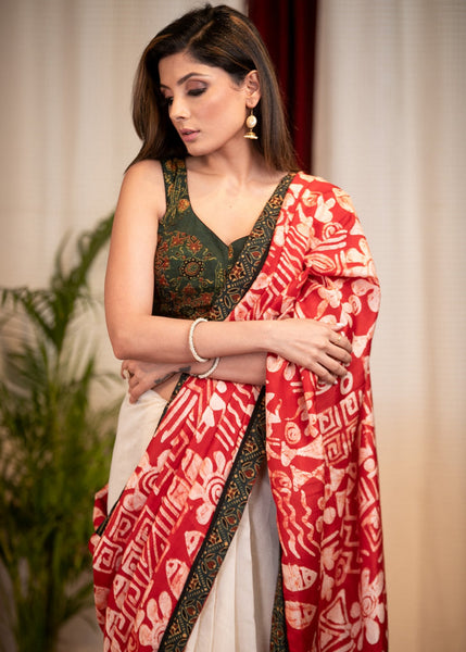 SILK BATIK & BEIGE CHANDERI COMBINATION SAREE WITH AJRAKH BORDER