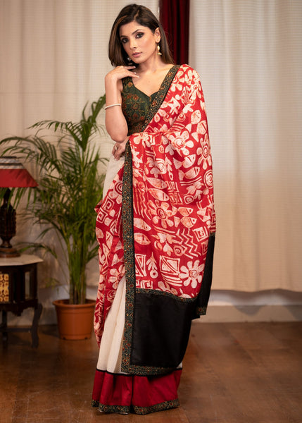 SILK BATIK & BEIGE CHANDERI COMBINATION SAREE WITH AJRAKH BORDER