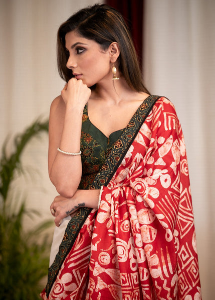 SILK BATIK & BEIGE CHANDERI COMBINATION SAREE WITH AJRAKH BORDER