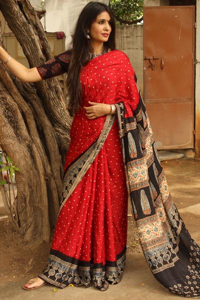 Rust Red Bandhani with Ajrakh Hand block print with Natural dye on Modal silk