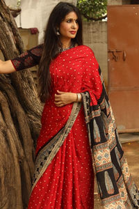 Rust Red Bandhani with Ajrakh Hand block print with Natural dye on Modal silk