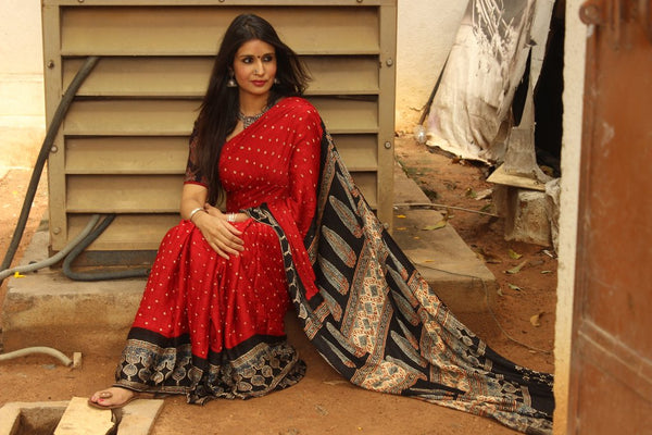 Rust Red Bandhani with Ajrakh Hand block print with Natural dye on Modal silk
