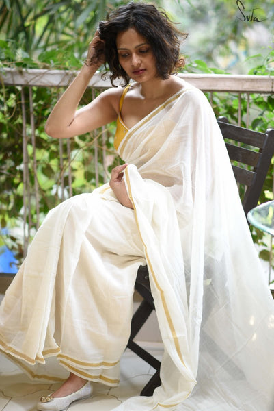 Off White & Gold Mul Cotton Saree