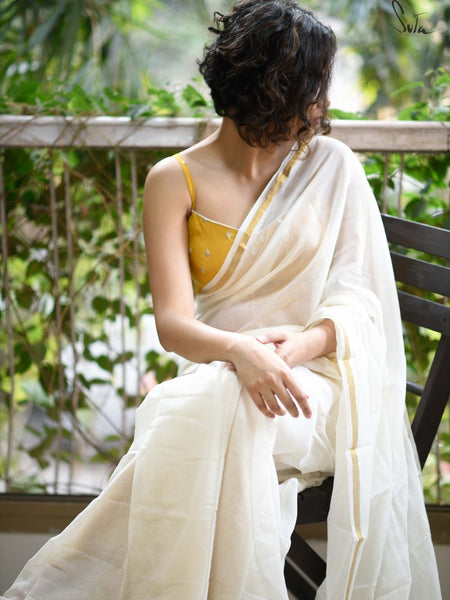 Off White & Gold Mul Cotton Saree
