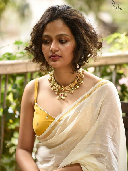 Off White & Gold Mul Cotton Saree