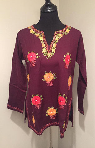 Deep Purple Pure Wool Kashmiri Embroidered Kurti with large Flowers