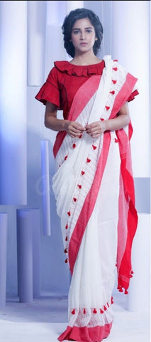 Khadi Cotton Saree with Pompom Border Hand Work