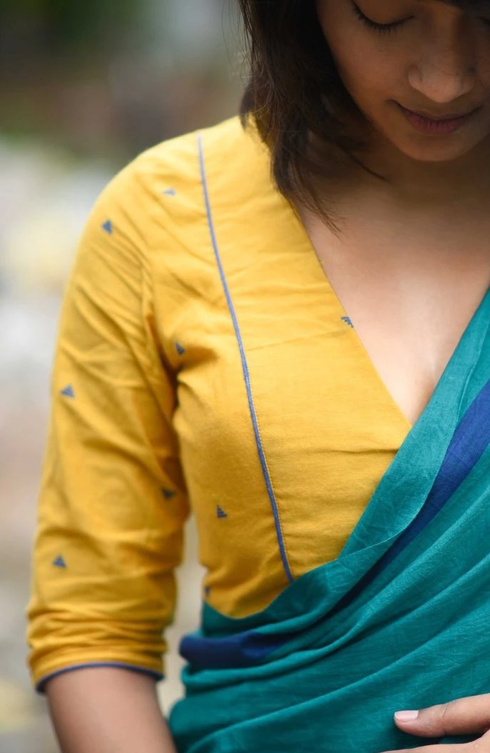 Yellow & Blue Cotton Ready Made Blouse