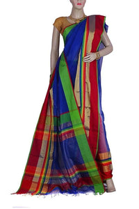 Blue Color Maheshwari Silk and Cotton Blended Saree with wide Green and Red Color Border