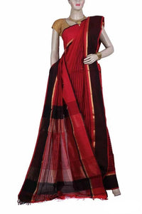 Red Color Maheshwari Silk and Cotton Blended Saree with wide Brown and Black Border