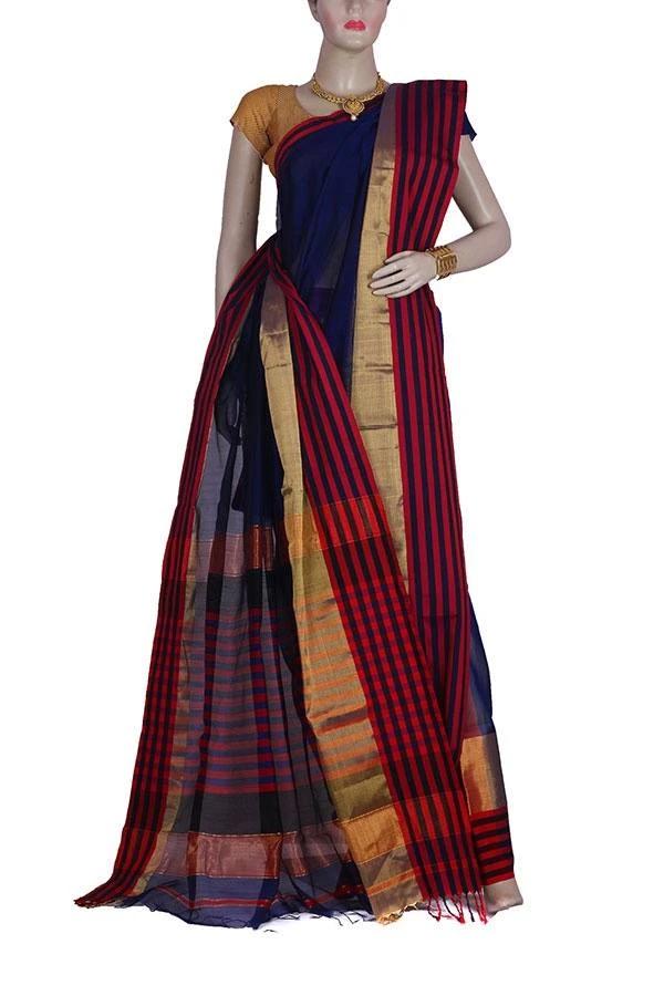 Blue color Maheshwari Silk and Cotton Saree with Wide Golden and Partly Red Color Border