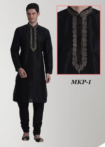 Pure Silk Black Embroidered Kurta Pyjama Set