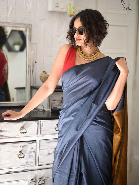 Bluish Grey & Gold Cotton Acrylic Saree