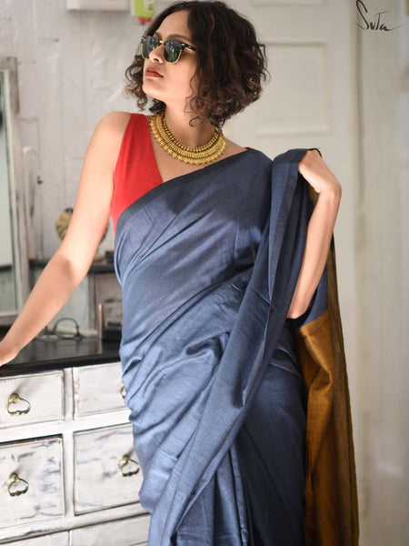 Bluish Grey & Gold Cotton Acrylic Saree