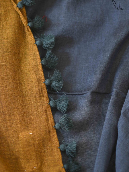 Bluish Grey & Gold Cotton Acrylic Saree
