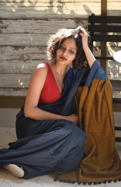 Bluish Grey & Gold Cotton Acrylic Saree