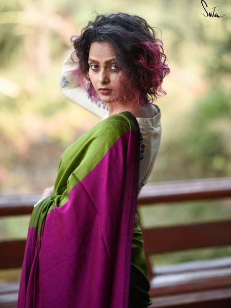 Green & Pink Cotton Acrylic Saree