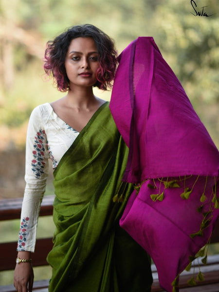Green & Pink Cotton Acrylic Saree