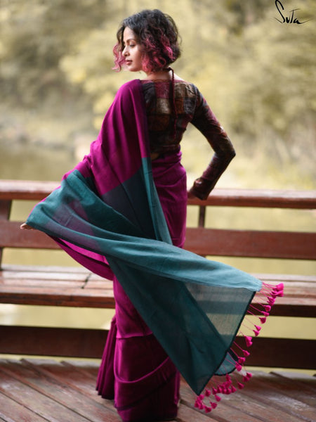 Pink & Dark Teal Cotton Acrylic Saree
