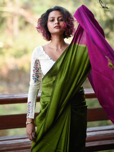 Green & Pink Cotton Acrylic Saree
