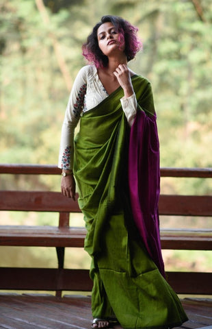 Green & Pink Cotton Acrylic Saree