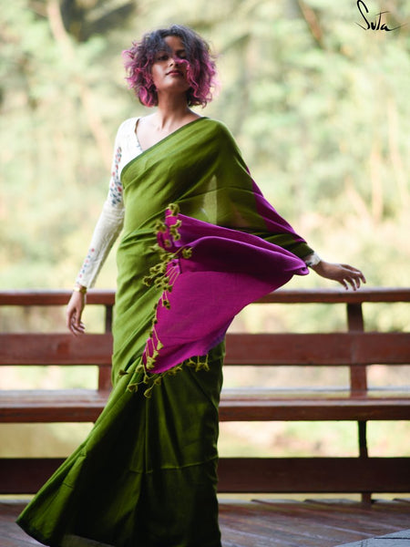 Green & Pink Cotton Acrylic Saree