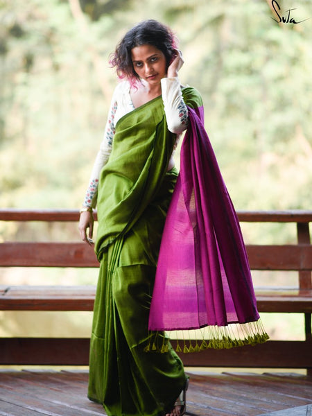 Green & Pink Cotton Acrylic Saree