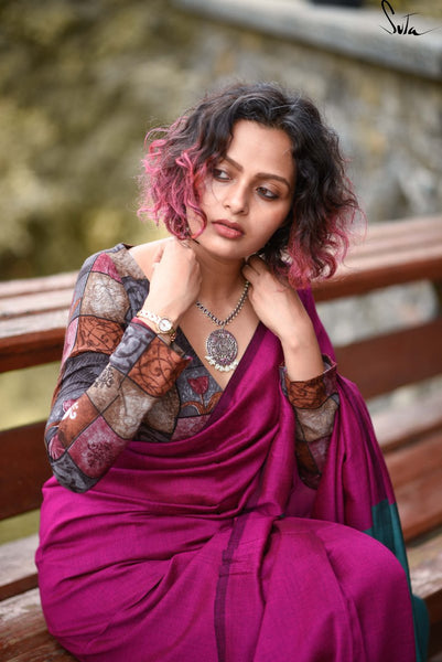 Pink & Dark Teal Cotton Acrylic Saree