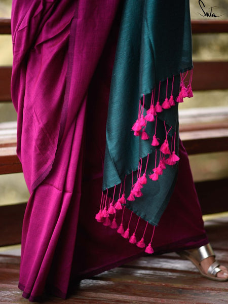 Pink & Dark Teal Cotton Acrylic Saree