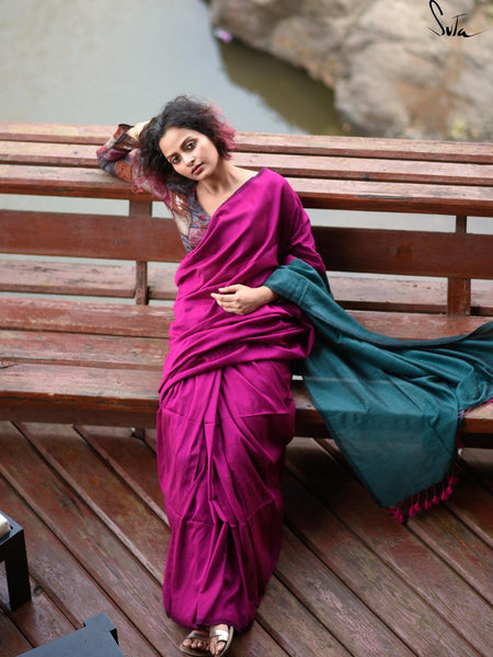 Pink & Dark Teal Cotton Acrylic Saree
