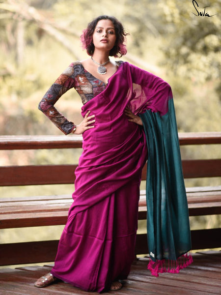 Pink & Dark Teal Cotton Acrylic Saree