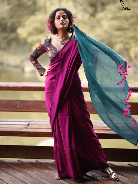 Pink & Dark Teal Cotton Acrylic Saree