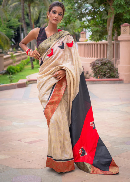 CHECKED ZARI BORDER SEMI-SILK SAREE WITH APPLIC HAND EMBROIDERY