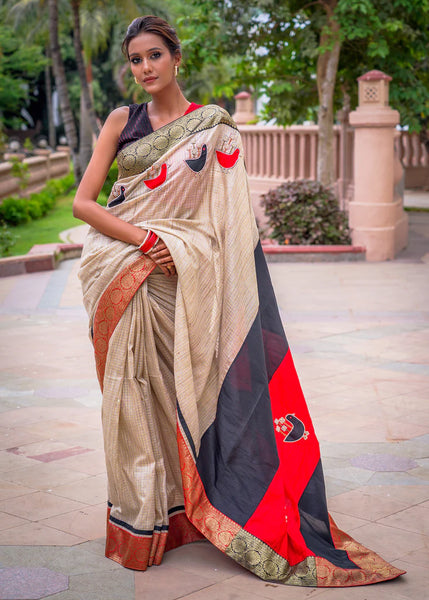 CHECKED ZARI BORDER SEMI-SILK SAREE WITH APPLIC HAND EMBROIDERY
