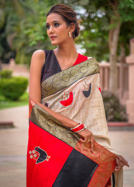 CHECKED ZARI BORDER SEMI-SILK SAREE WITH APPLIC HAND EMBROIDERY