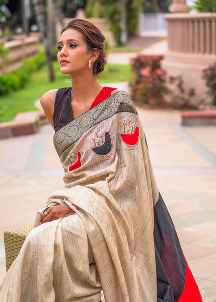CHECKED ZARI BORDER SEMI-SILK SAREE WITH APPLIC HAND EMBROIDERY