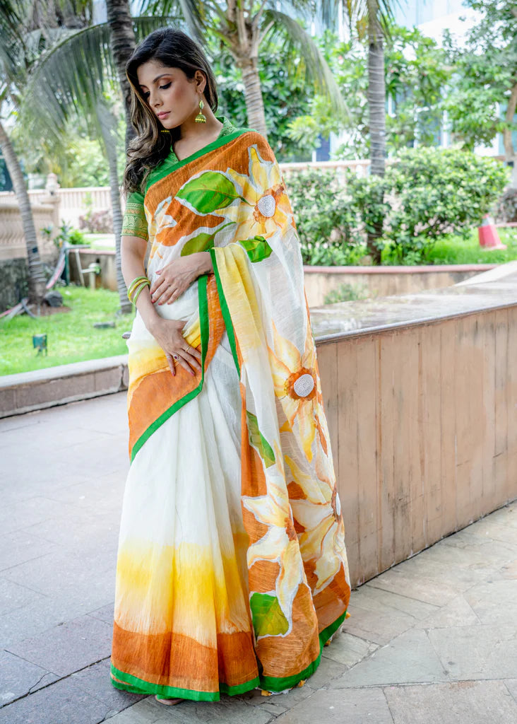 COTTON FLORAL HANDPAINTED SAREE WITH DELICATE MOTI WORK