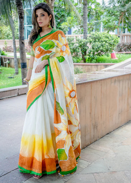 COTTON FLORAL HANDPAINTED SAREE WITH DELICATE MOTI WORK