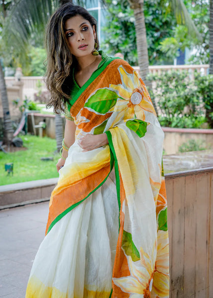 COTTON FLORAL HANDPAINTED SAREE WITH DELICATE MOTI WORK