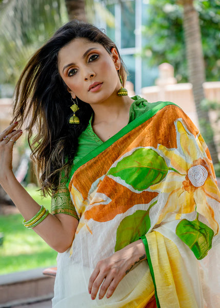 COTTON FLORAL HANDPAINTED SAREE WITH DELICATE MOTI WORK