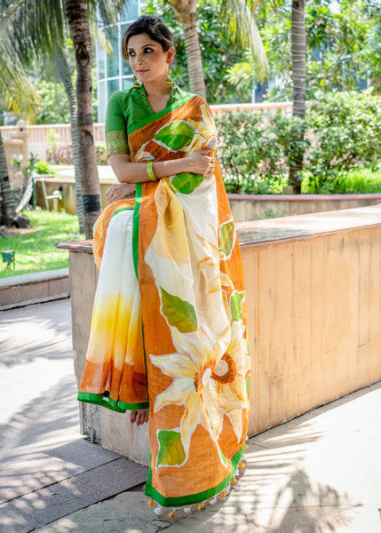 COTTON FLORAL HANDPAINTED SAREE WITH DELICATE MOTI WORK