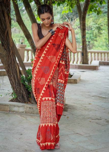 DESIGNER RED COTTON AJRAKH SAREE