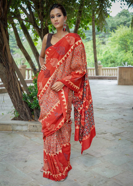 DESIGNER RED COTTON AJRAKH SAREE